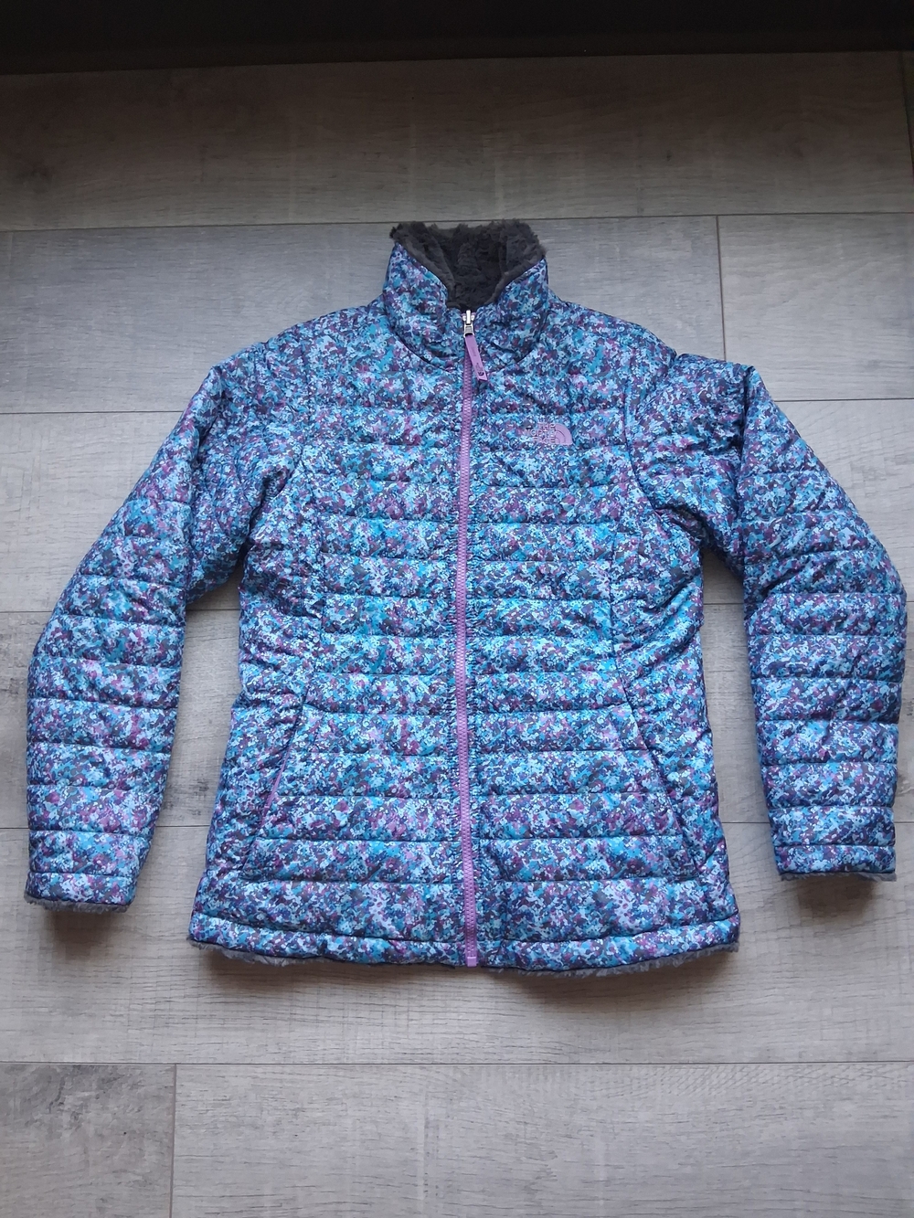 The North Face Girls Reversible Mossbud Swirl Jacket Blue Purple Floral XL 18